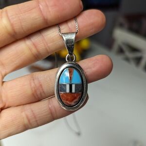 Silver box chain Indian Turquoise and Red Pendent